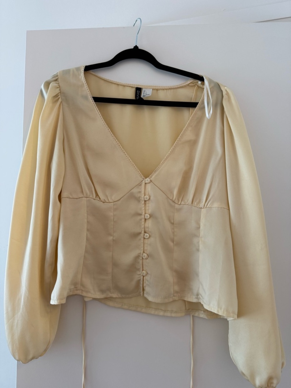 H&M Pale Yellow Satin-Look V-Neck Button Front Blouse